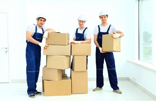 Packed office furniture and equipment ready for a business move