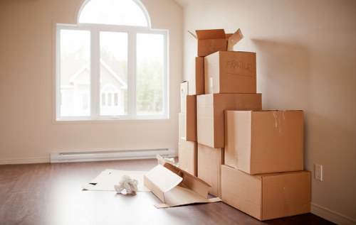 Furniture and boxes prepared for transport in Archway