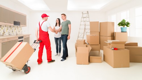 Office relocation boxes and equipment prepared for transport in north London